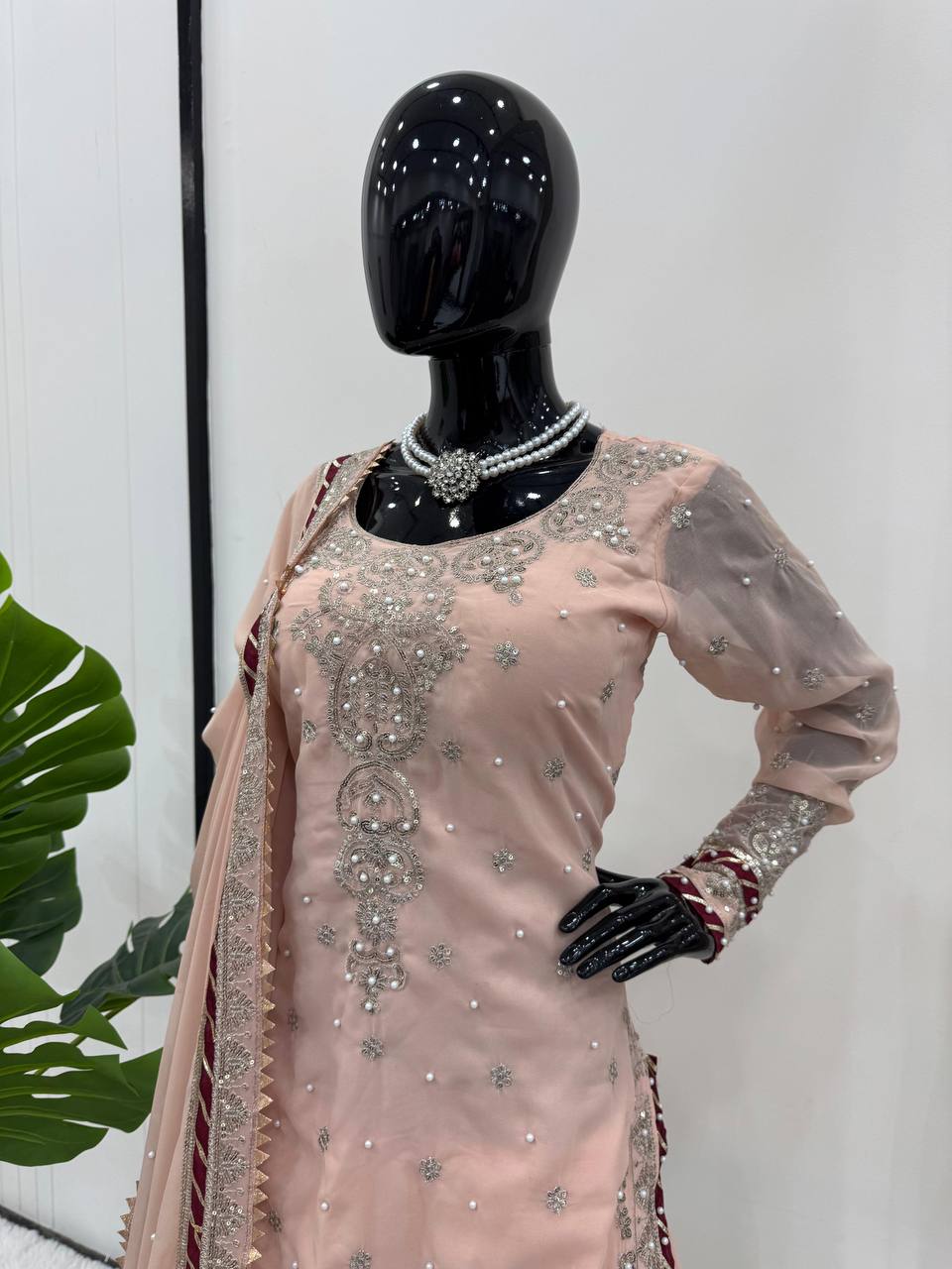 Peach Color Fully Stitched Georgette Sharara Suit