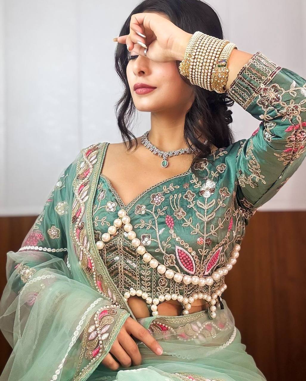 Sky Color Soft Net Saree With Heavy Pearl Work Blouse