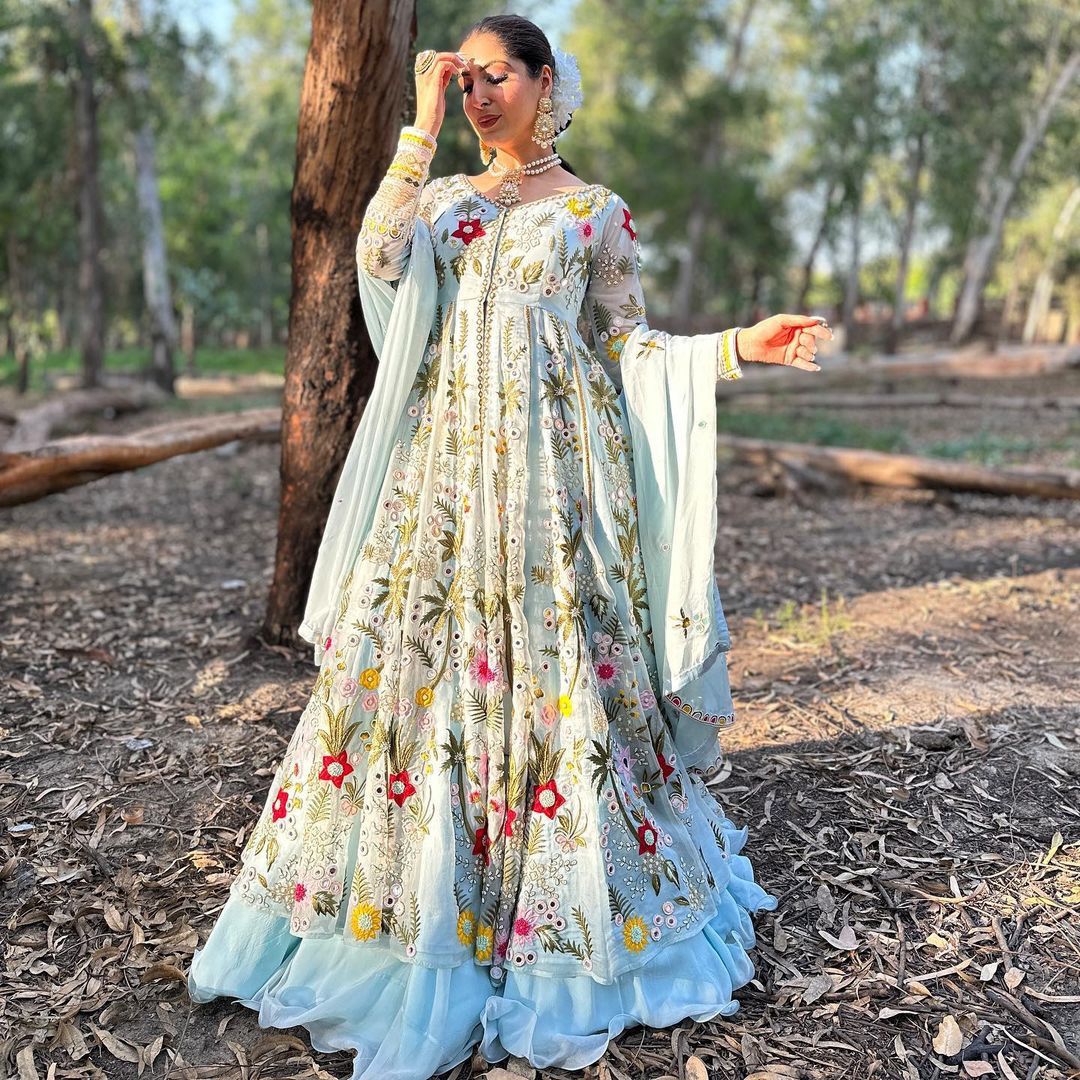 Party Wear Embroidary Work Beautiful Gown With Real Mirror