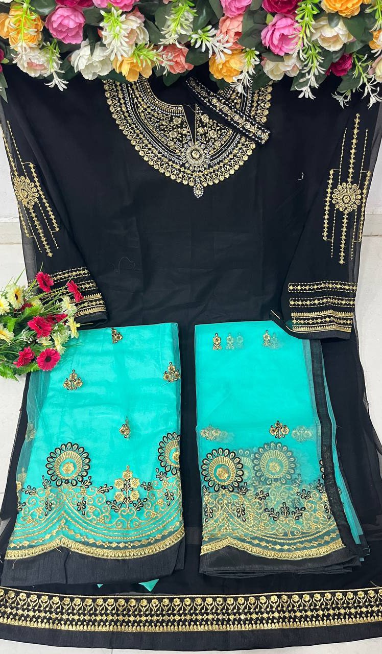 Amazing Georgette Embroidery Work Semi Stiched Salwar Plazo Suit With Beautiful Duppata