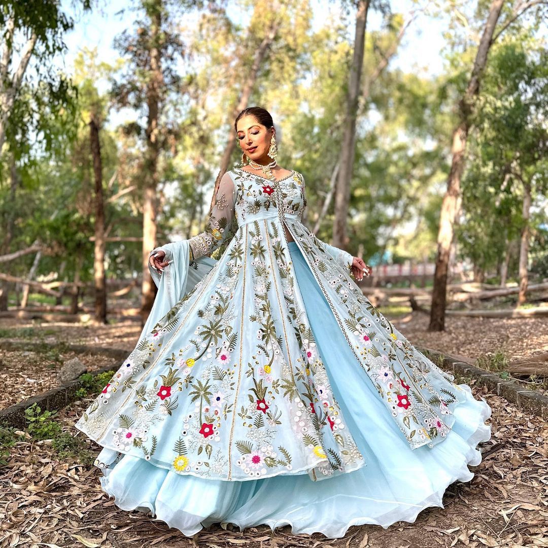 Party Wear Embroidary Work Beautiful Gown With Real Mirror