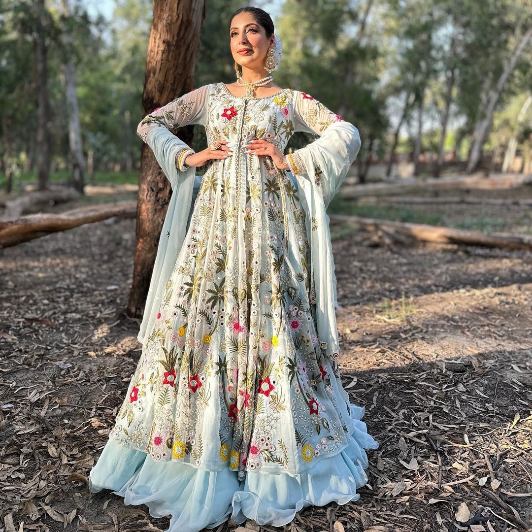 Party Wear Embroidary Work Beautiful Gown With Real Mirror