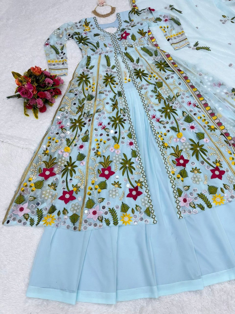 Party Wear Embroidary Work Beautiful Gown With Real Mirror