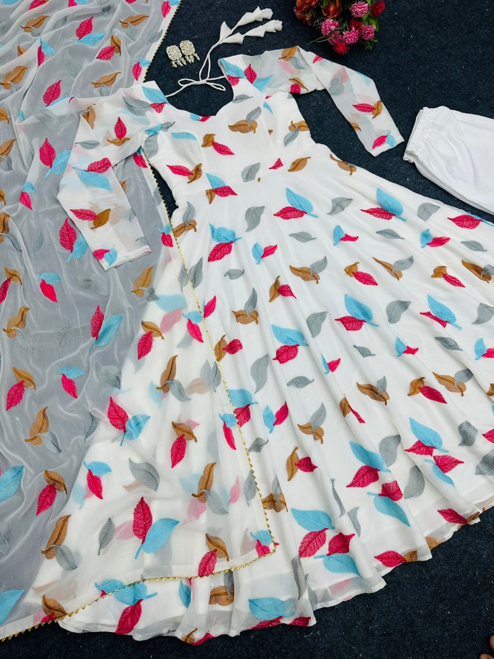 Embroidary With Hot Fix Daimond Work White Colour Full Stiched Gown
