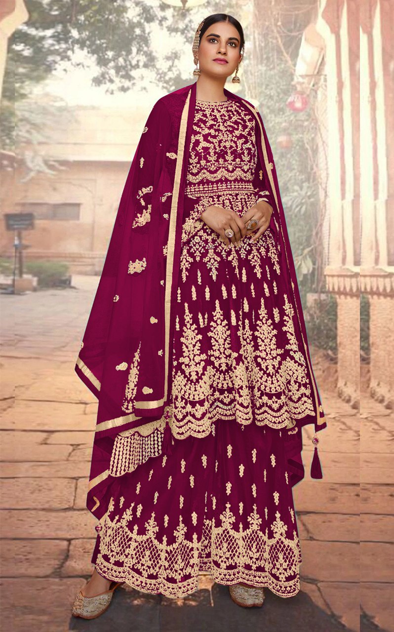 Heavy Butterfly Net With Coadding Embroidery And Stone Work Sharara Suit