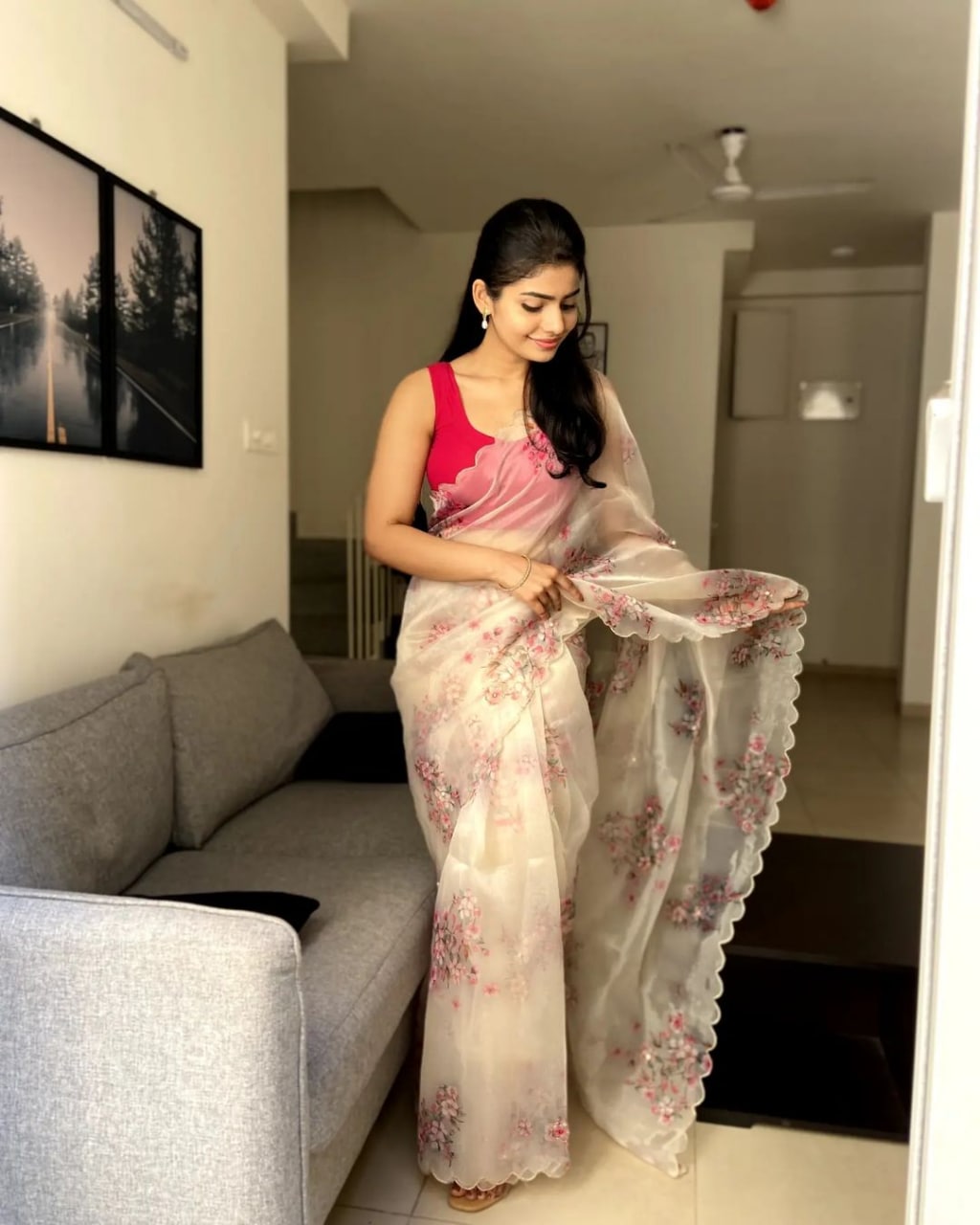 Striking Grey Color Organza Silk Sequence Moti Work Party Wear Saree Blouse