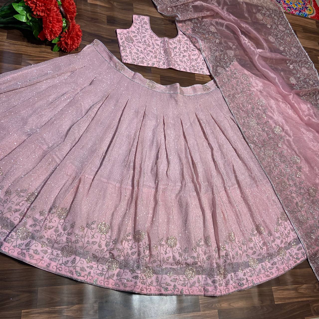 Baby Pink Georgette Sequence Work Lehenga Choli