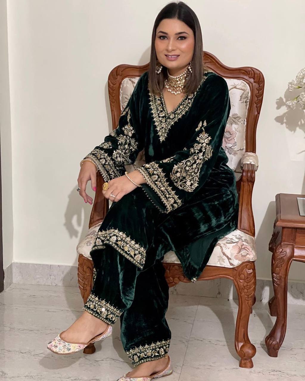 Velvet Embroidered Readymade Plazo Suit For Women