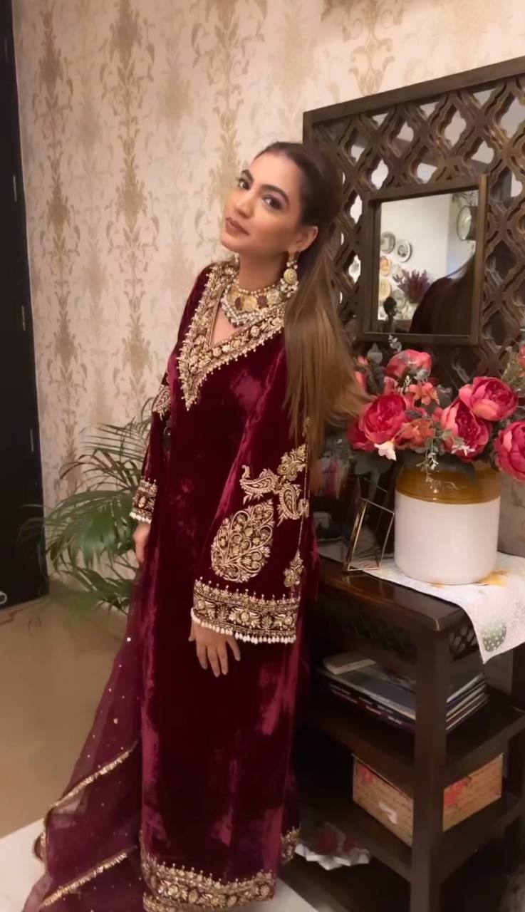 Velvet Embroidered Readymade Plazo Suit For Women