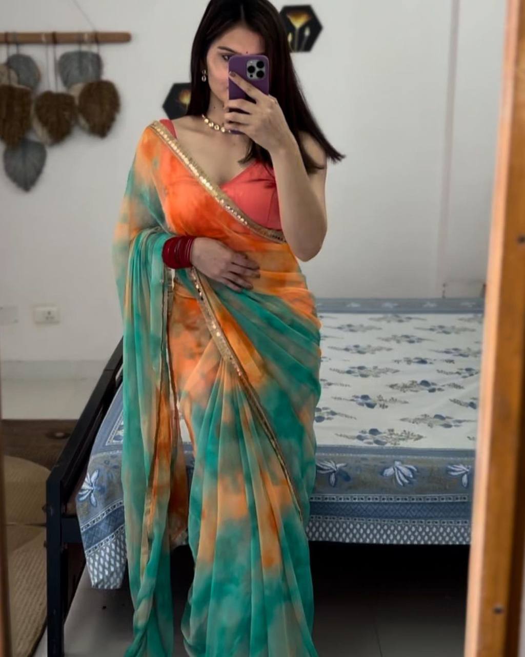 Function Wear Colorful Soft Organza Silk Digital Print Saree Blouse For Girls Wear