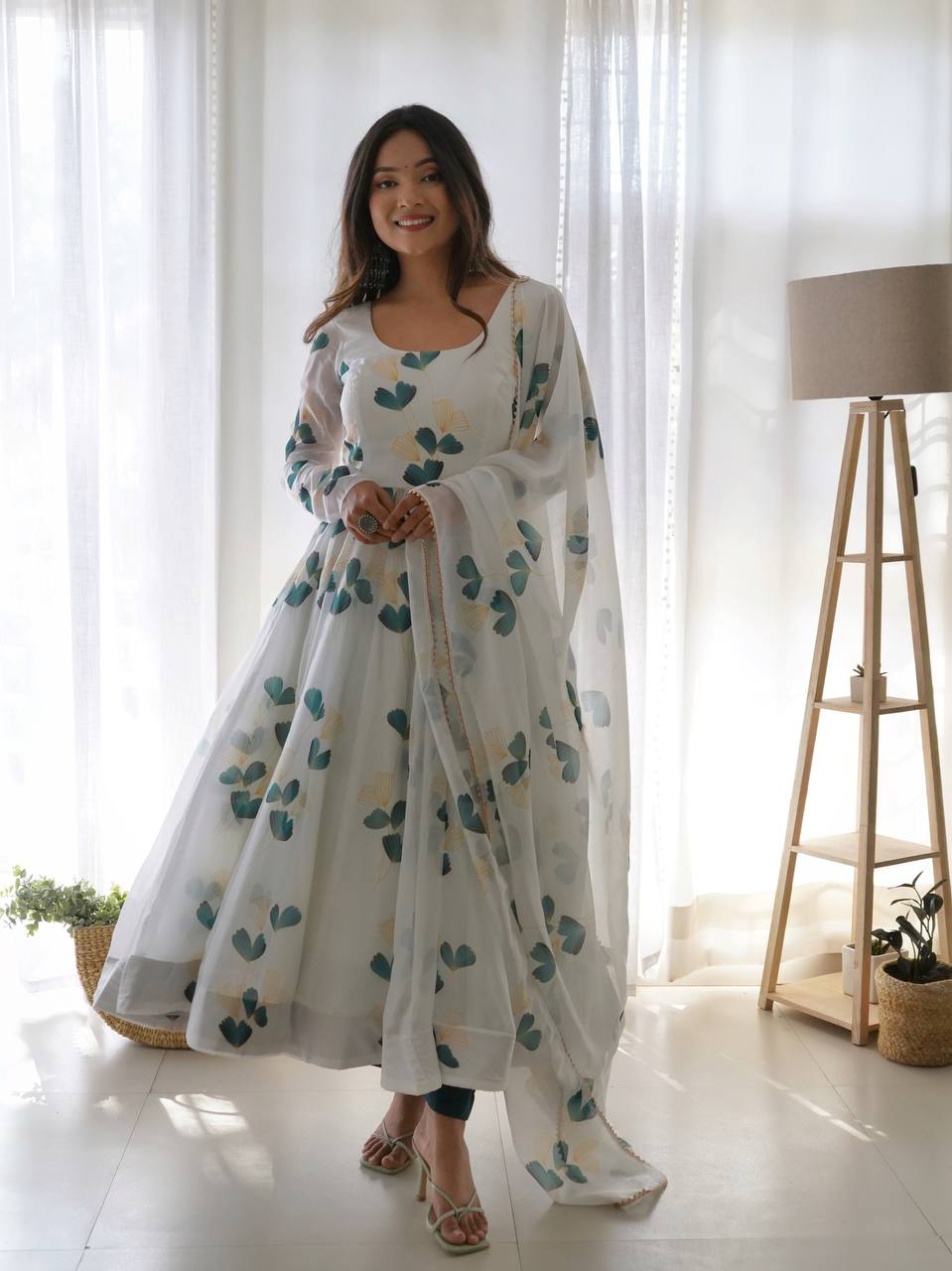 White Readymade Georgette Print Gown Style Frock For Girls Wear
