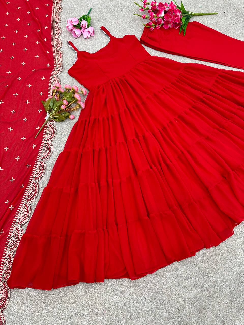 Full Fleir Stiched Red Colour Georgette Trending Party Wear Gown With Fancy Duppta