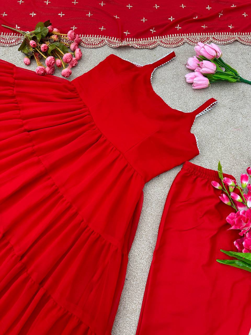 Full Fleir Stiched Red Colour Georgette Trending Party Wear Gown With Fancy Duppta