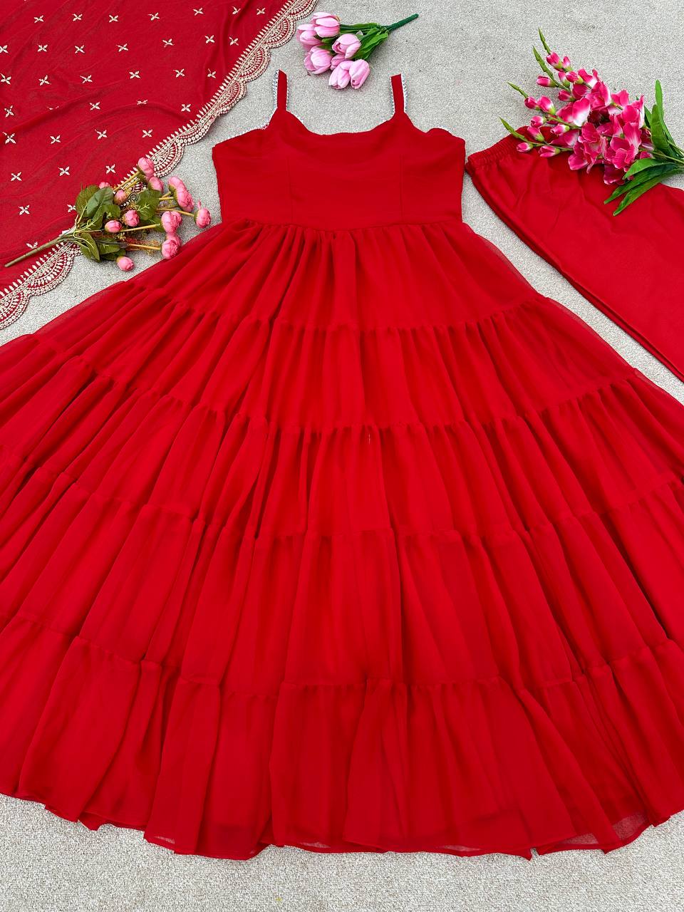 Full Fleir Stiched Red Colour Georgette Trending Party Wear Gown With Fancy Duppta