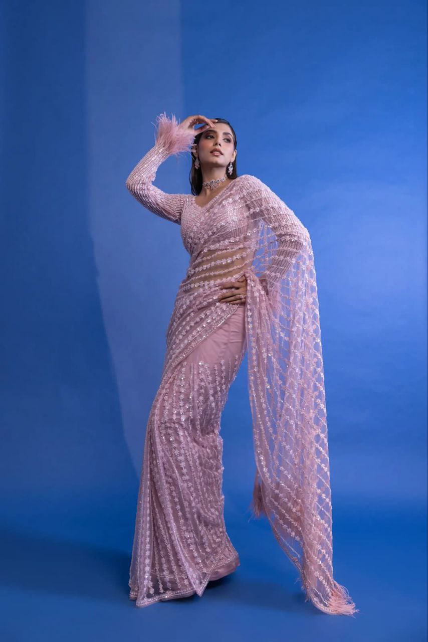 Amazing Soft Net Sequence Work Designer Saree With Embroidered Blouse