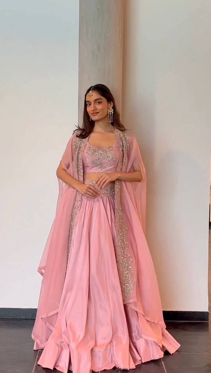 Astonishing Pink Color Wedding Wear Satin Embroidered Work Lehenga Choli