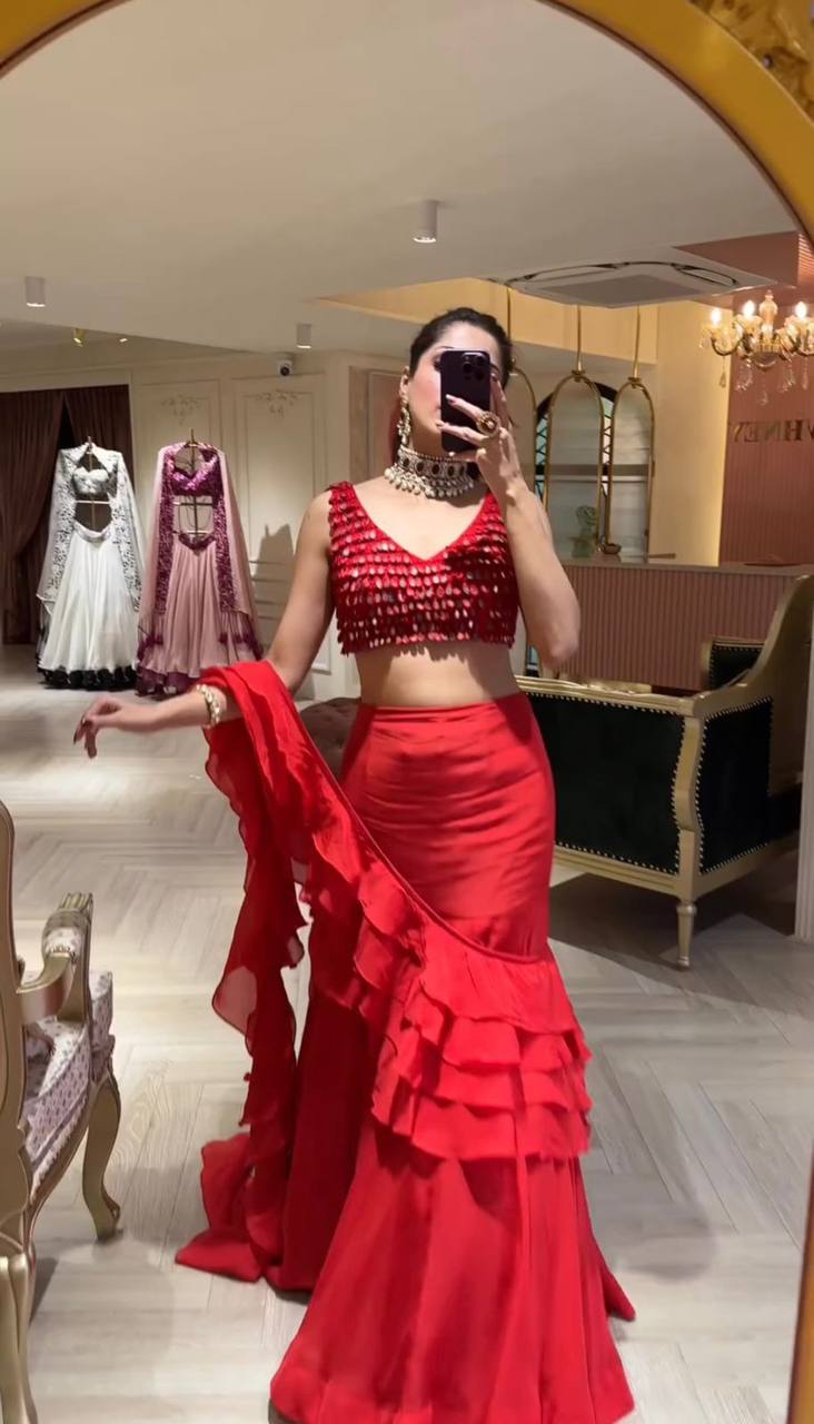 Latest Designer Ready To Wear Red Lehenga Saree – Lehenga Closet