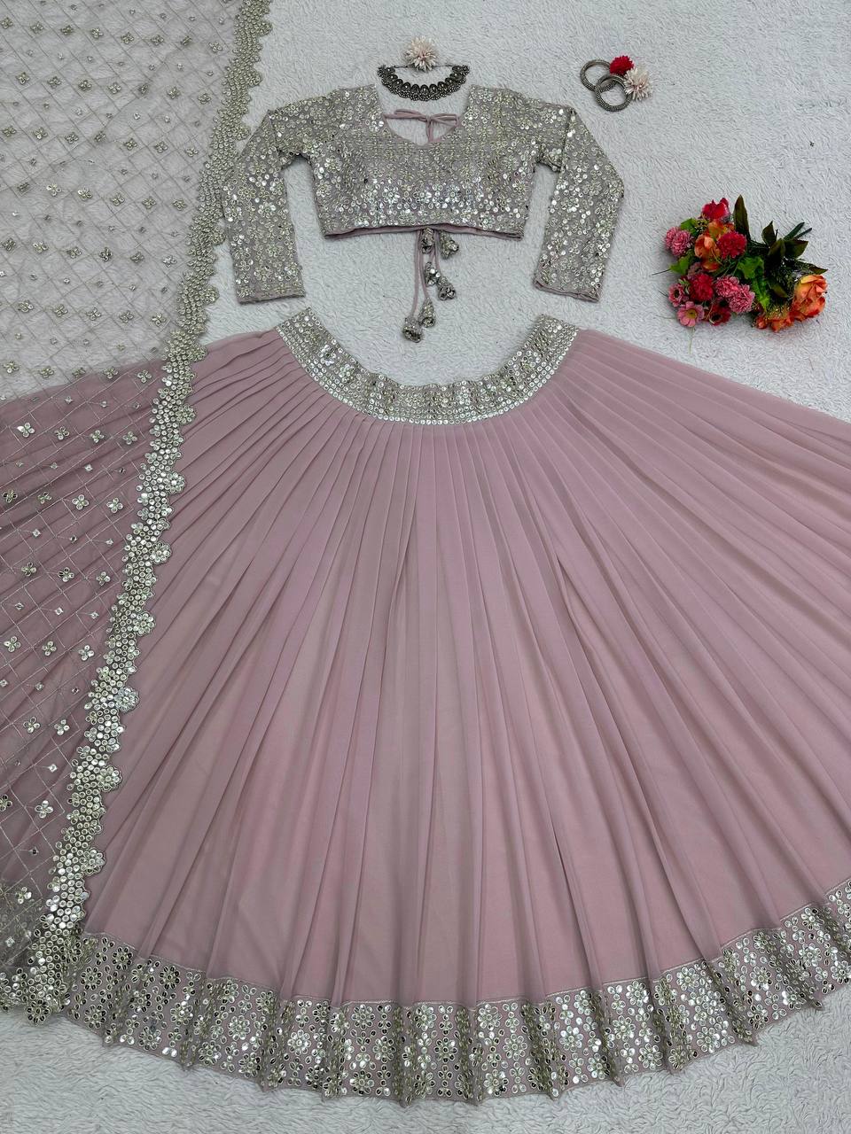 Glorious Peach Color Soft Net Embroidered Lehenga Choli For Women