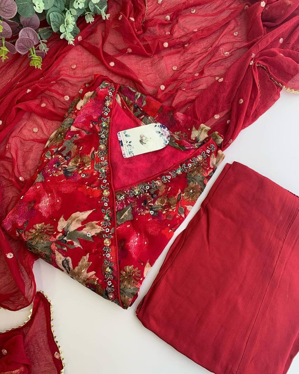 Beautiful Muslin Cotton fabric With Digital Print Handwork Red Colour Salwar Suit