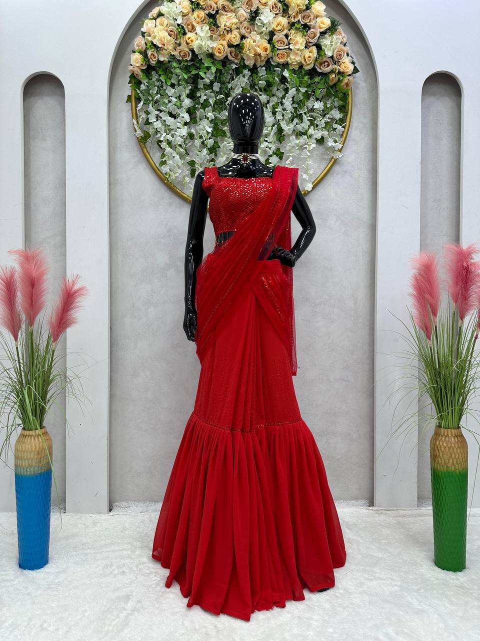 Red Color Ready To Wear Sequence Work Lehengha Saree