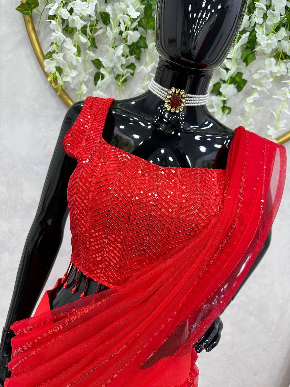 Red Color Ready To Wear Sequence Work Lehengha Saree