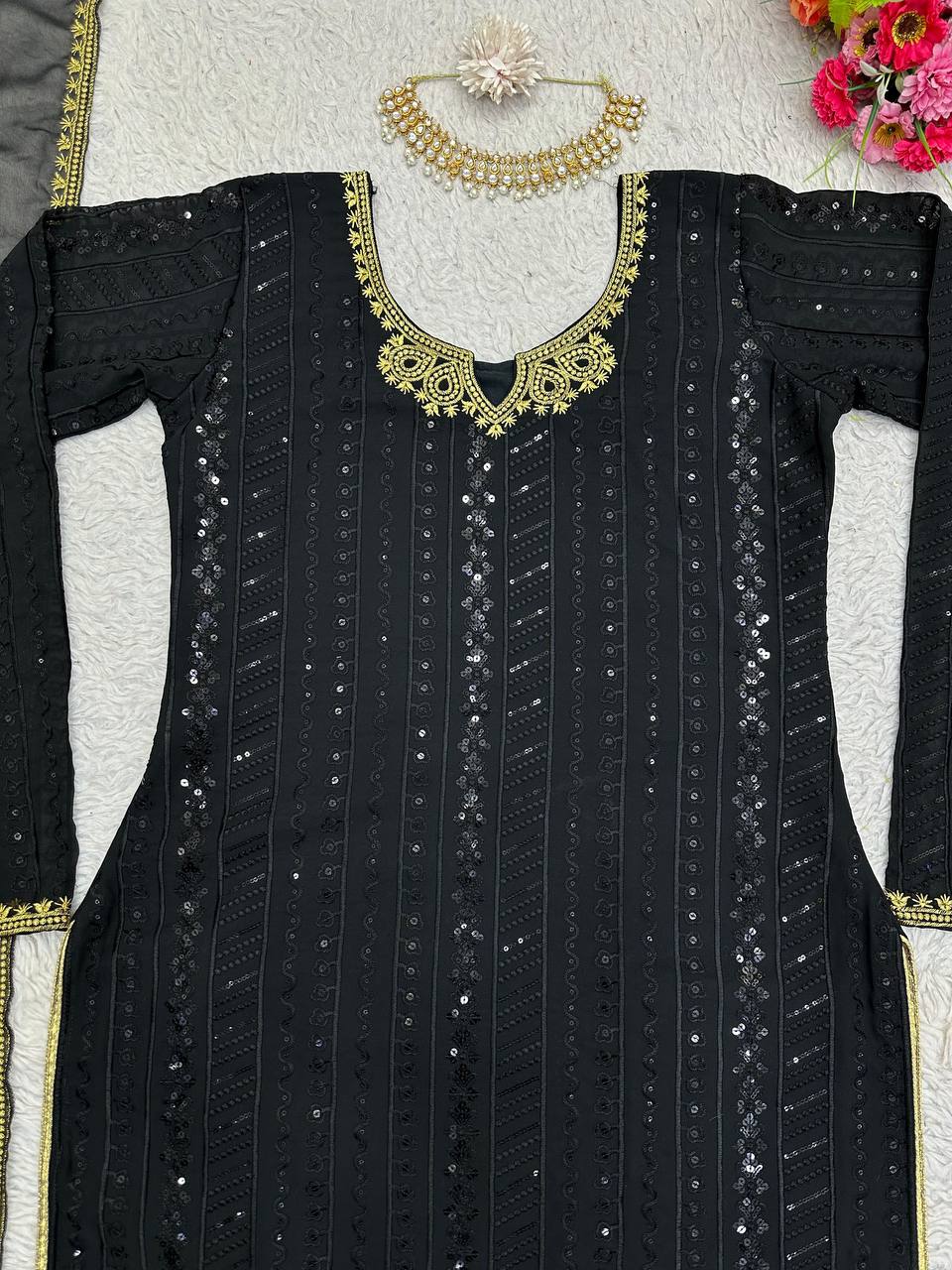 Designer Georgette Fabric Black Colour Top , Pent With Dupatta Thread Work