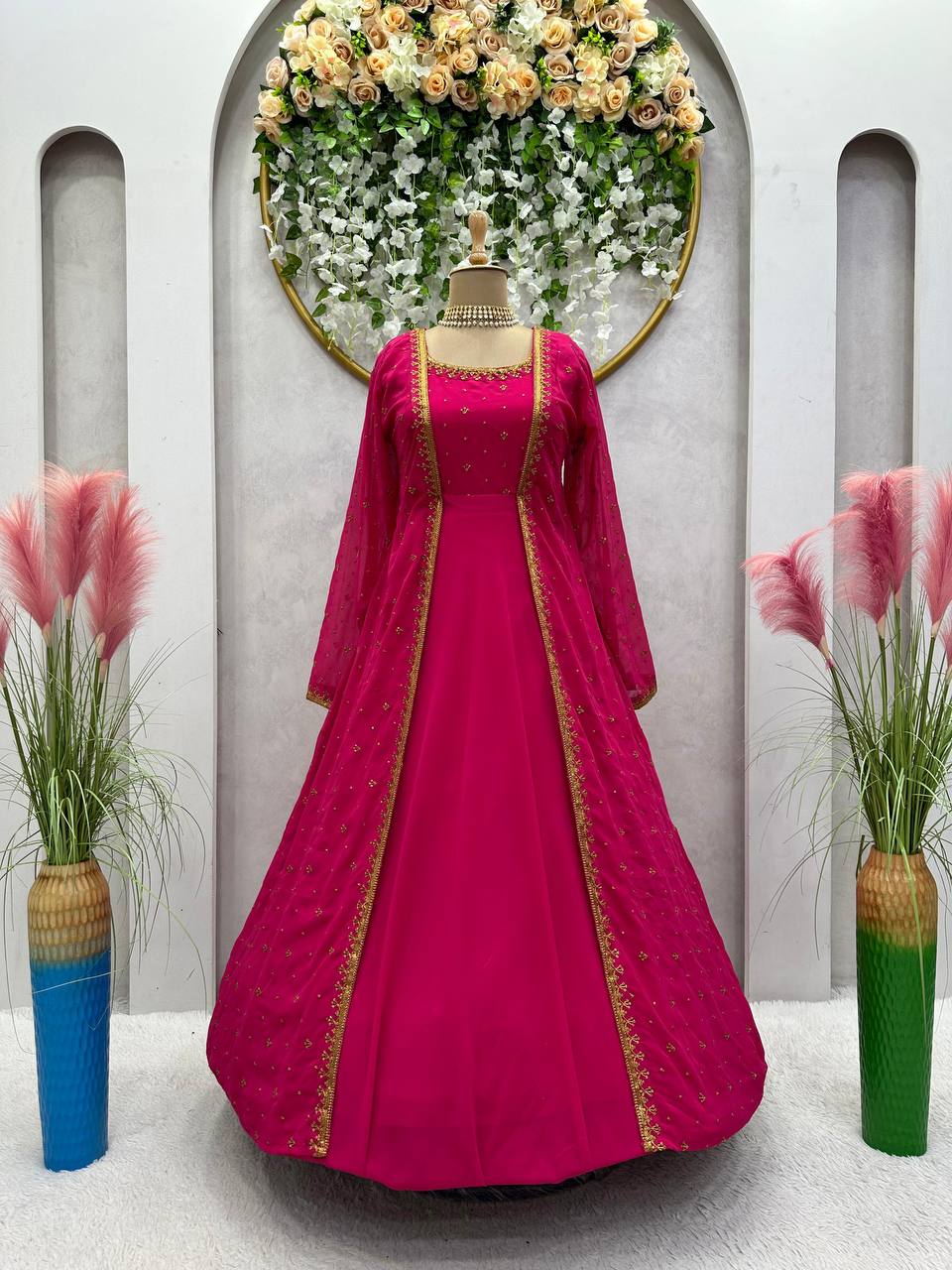 Beautiful Georgette Fabric Pink Colour Gown With Shrug
