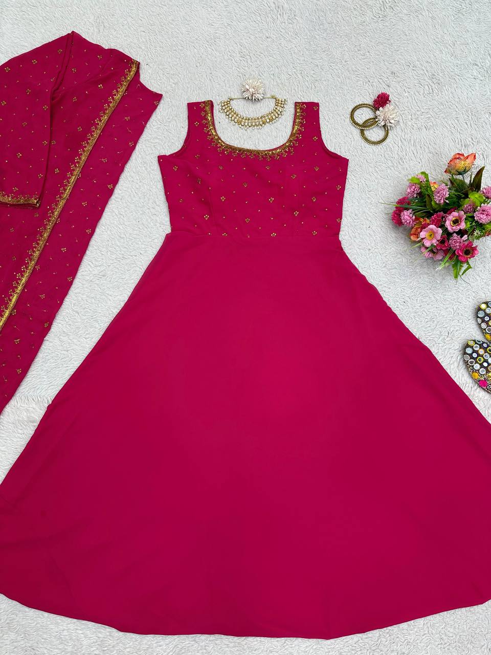 Beautiful Georgette Fabric Pink Colour Gown With Shrug