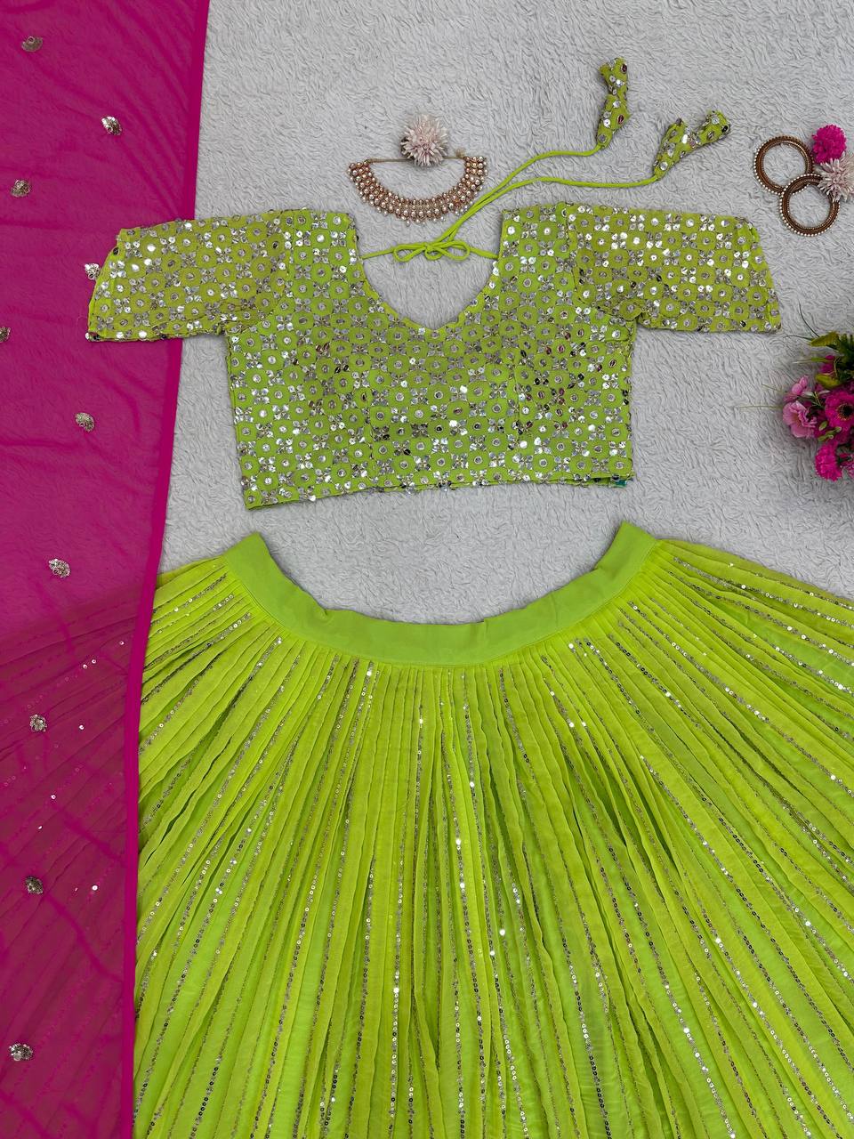 Green Georgette Fabric With Long Falir Thread & Sequences Work Lehenga Choli