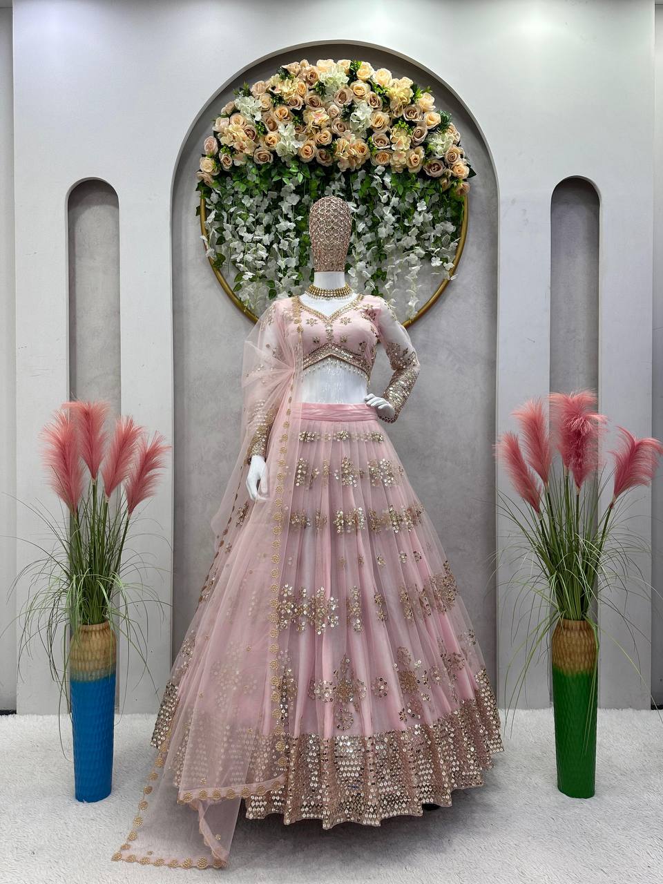 Amazing Peach Color Net Embroidered Work Wedding Wear Lehenga Choli