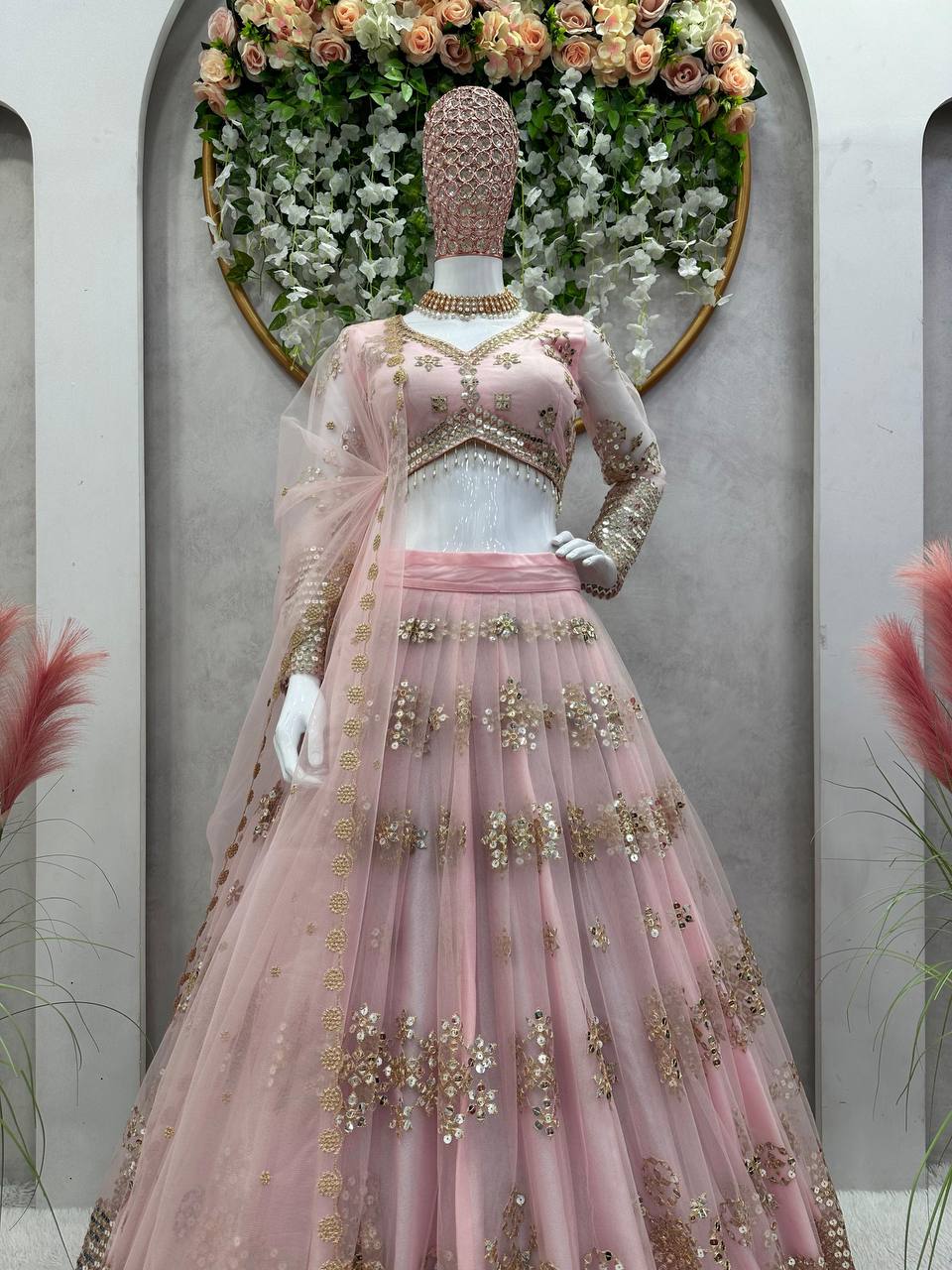 Amazing Peach Color Net Embroidered Work Wedding Wear Lehenga Choli