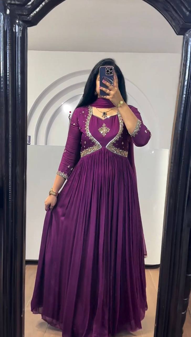 Attractive Chinon Silk Thread Work Ready to Wear Gown
