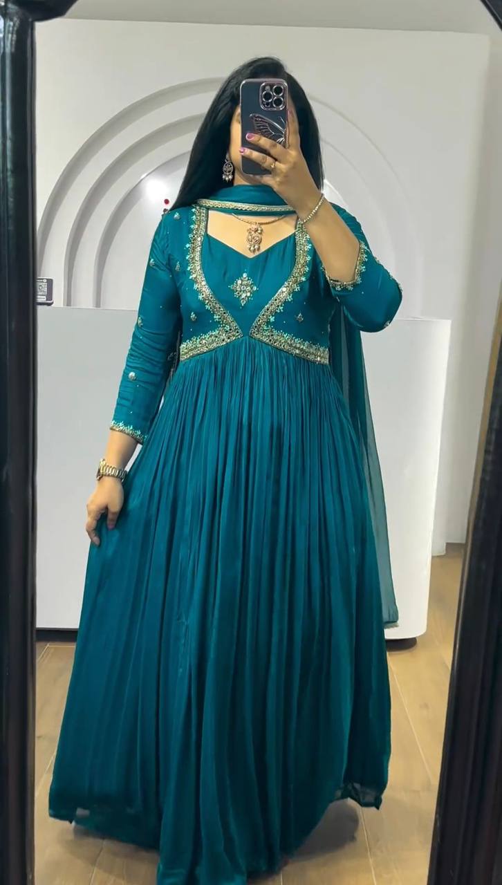 Attractive Chinon Silk Thread Work Ready to Wear Gown