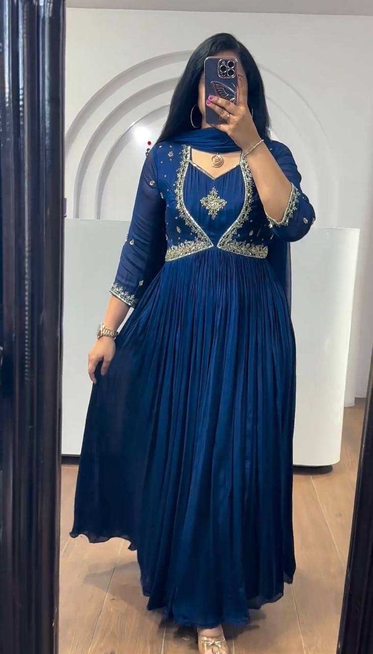 Attractive Chinon Silk Thread Work Ready to Wear Gown