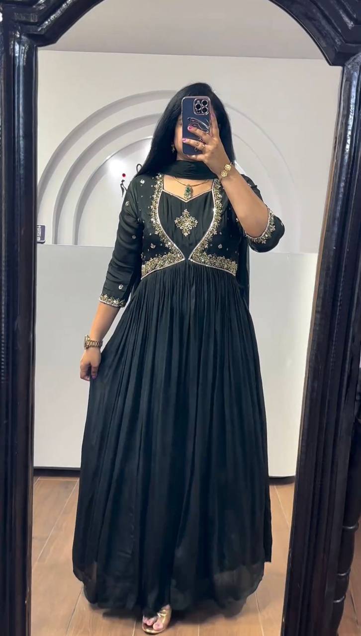 Attractive Chinon Silk Thread Work Ready to Wear Gown