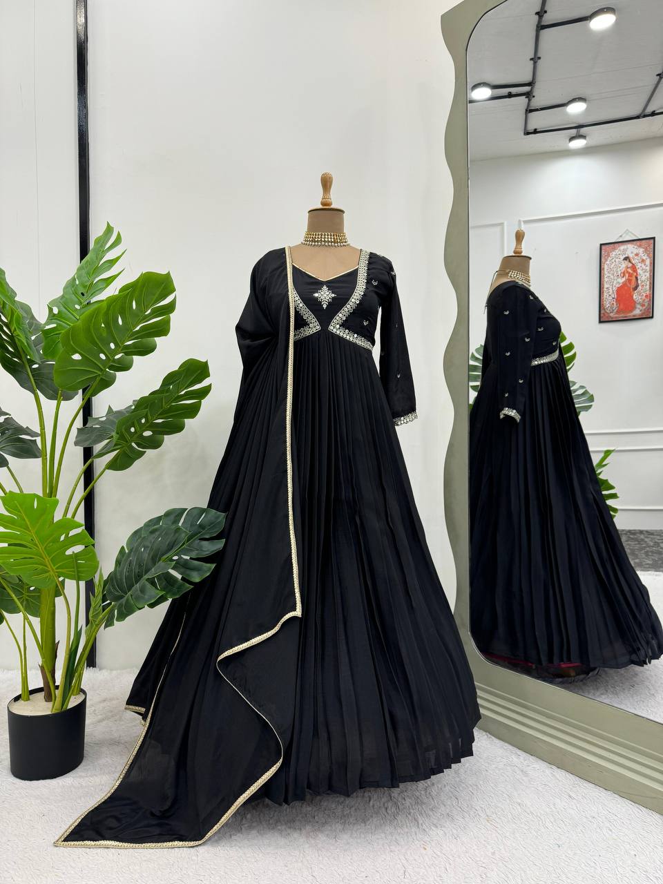 Attractive Chinon Silk Thread Work Ready to Wear Gown