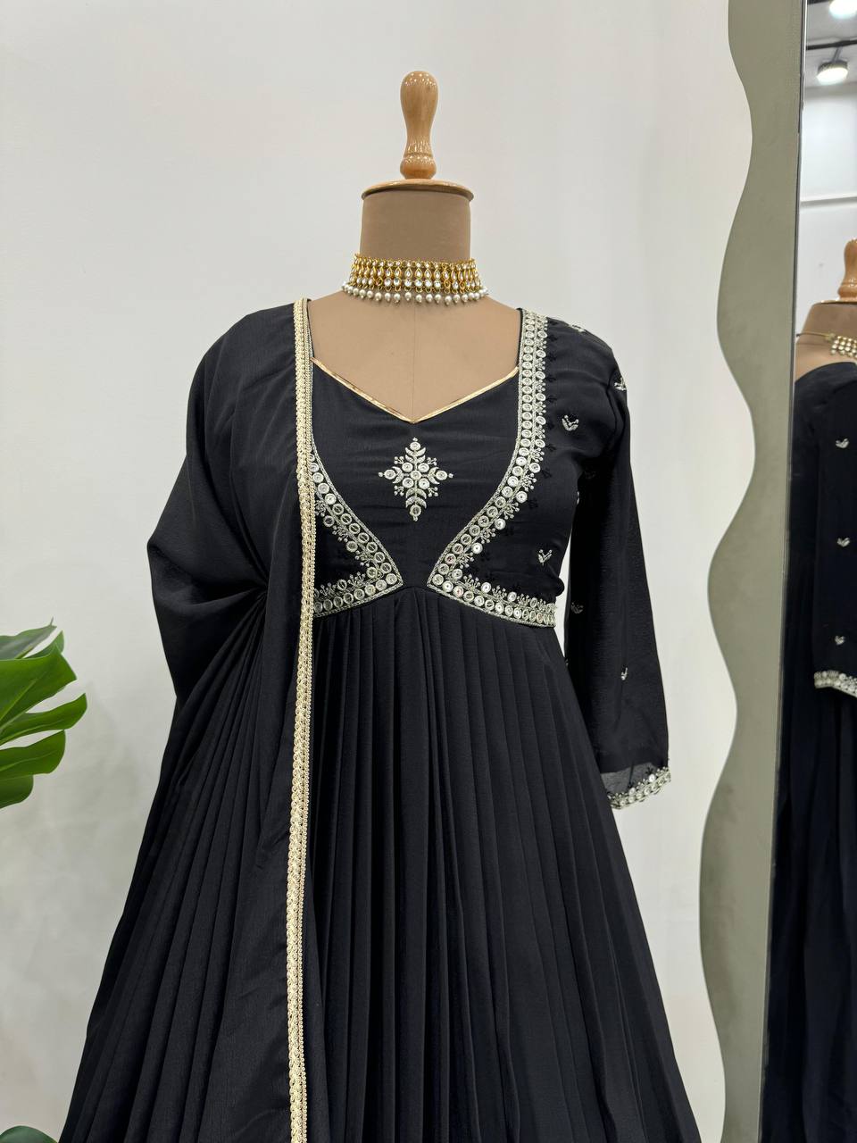 Attractive Chinon Silk Thread Work Ready to Wear Gown