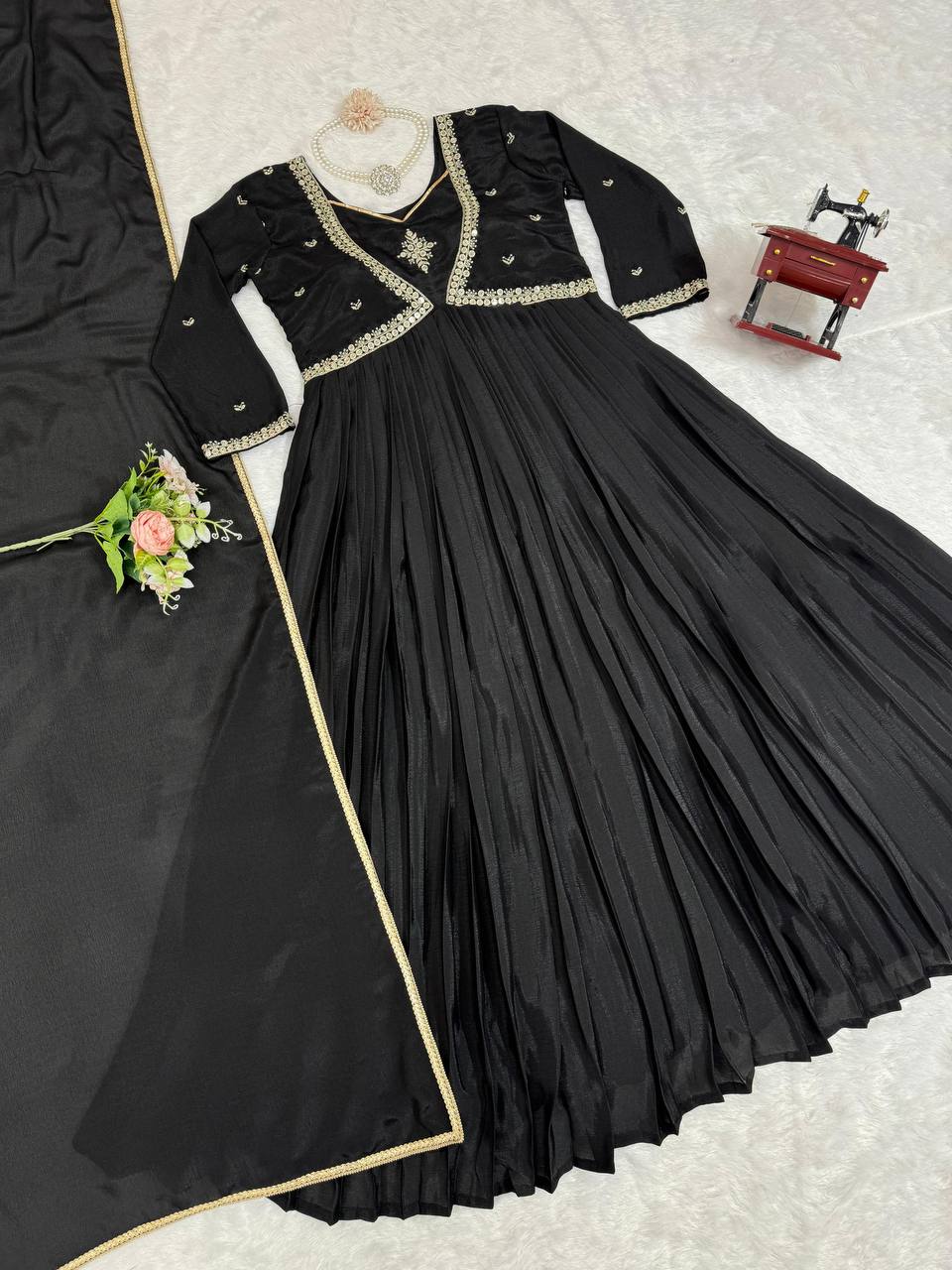 Attractive Chinon Silk Thread Work Ready to Wear Gown