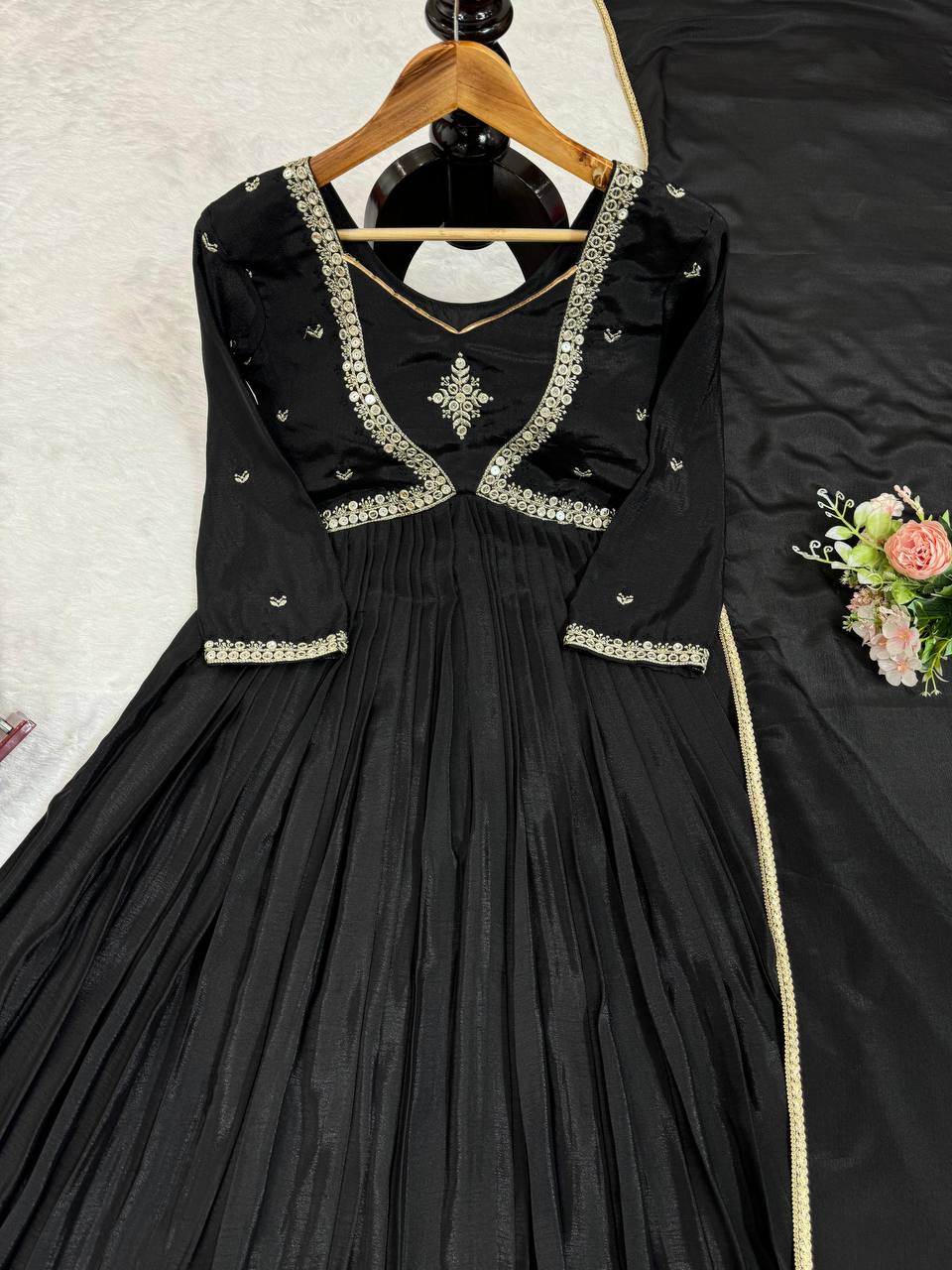 Attractive Chinon Silk Thread Work Ready to Wear Gown