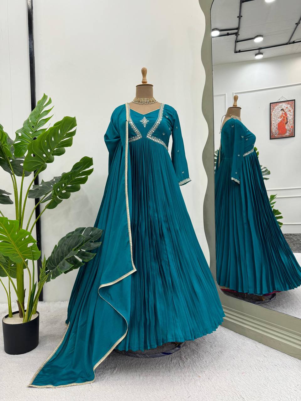 Attractive Chinon Silk Thread Work Ready to Wear Gown