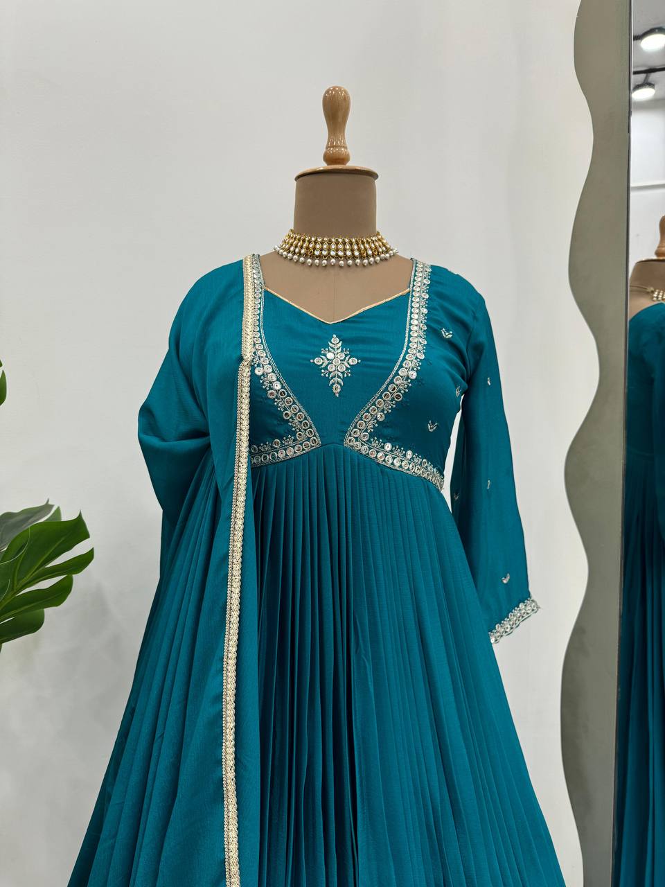 Attractive Chinon Silk Thread Work Ready to Wear Gown