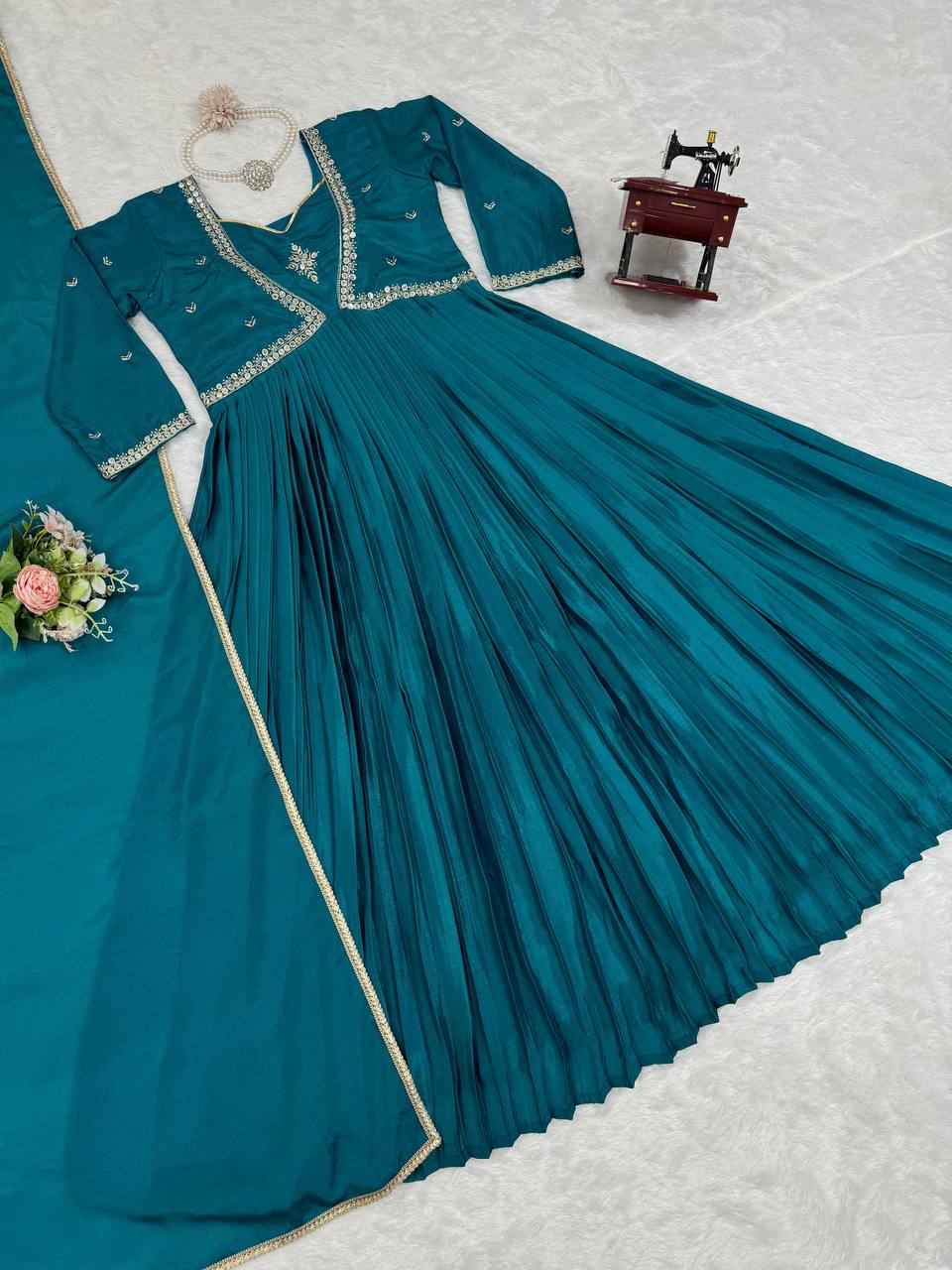 Attractive Chinon Silk Thread Work Ready to Wear Gown