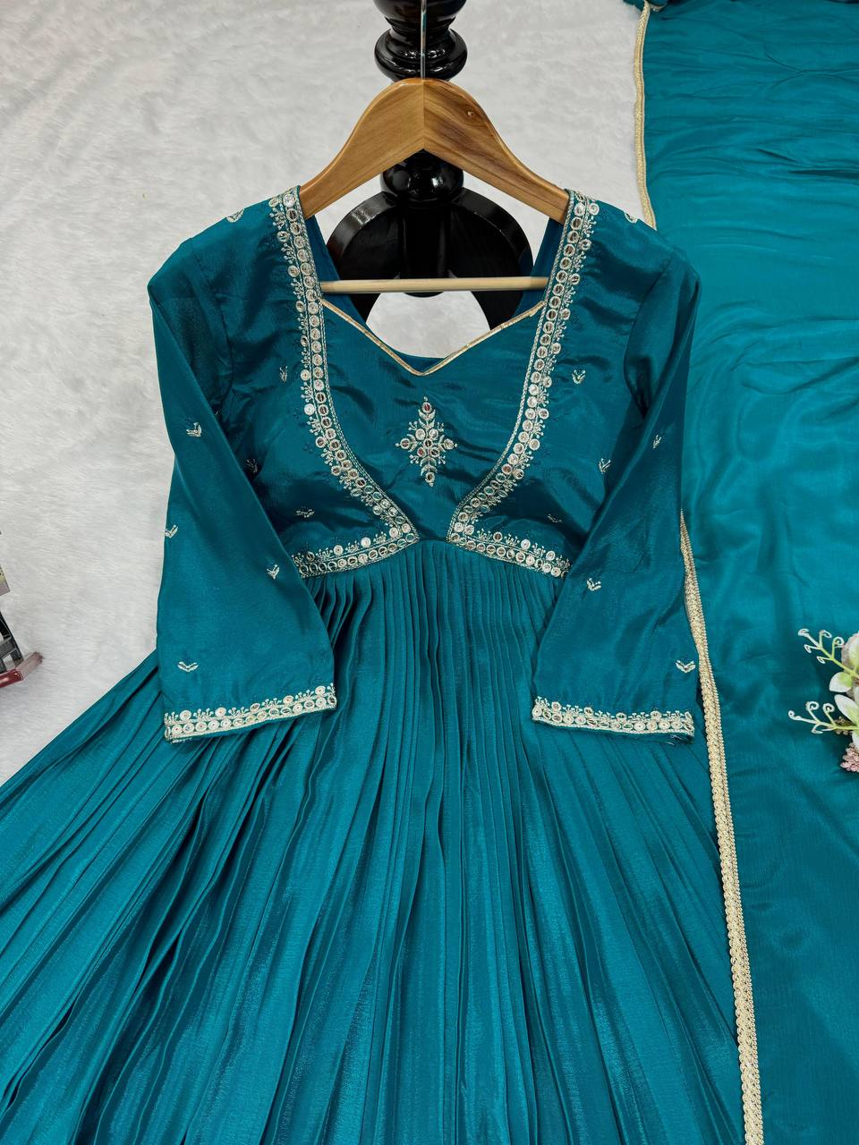 Attractive Chinon Silk Thread Work Ready to Wear Gown