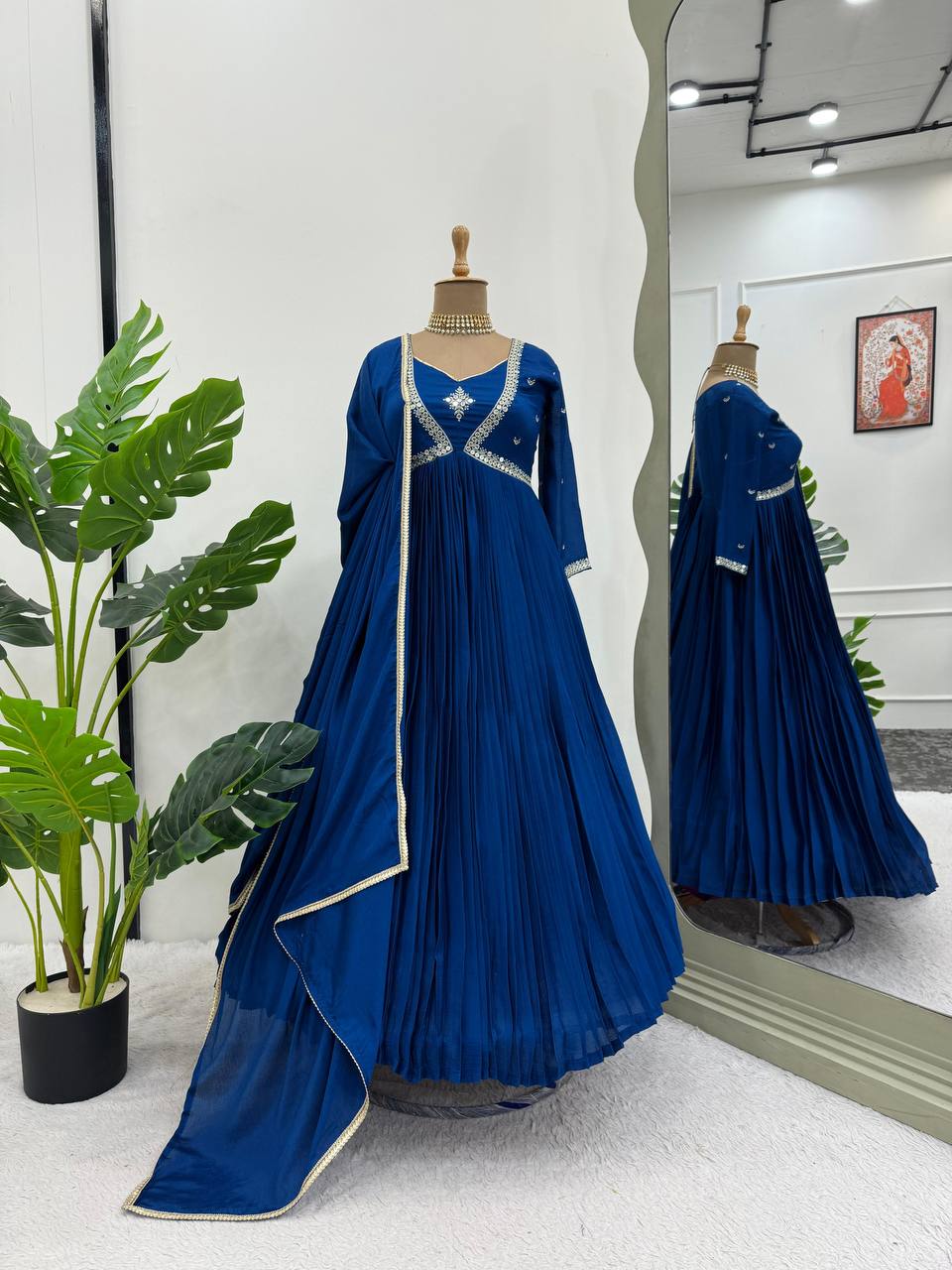 Attractive Chinon Silk Thread Work Ready to Wear Gown