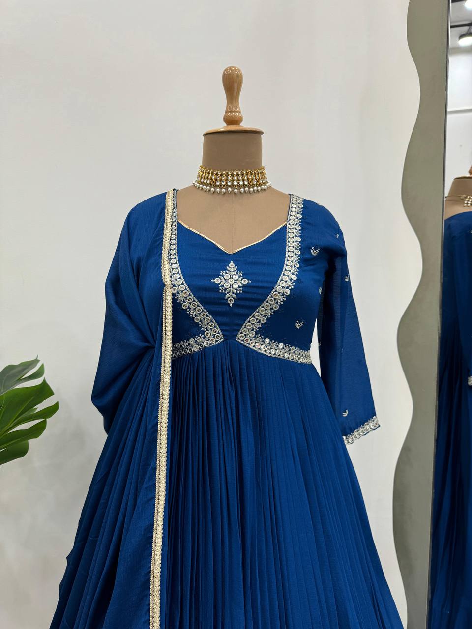 Attractive Chinon Silk Thread Work Ready to Wear Gown