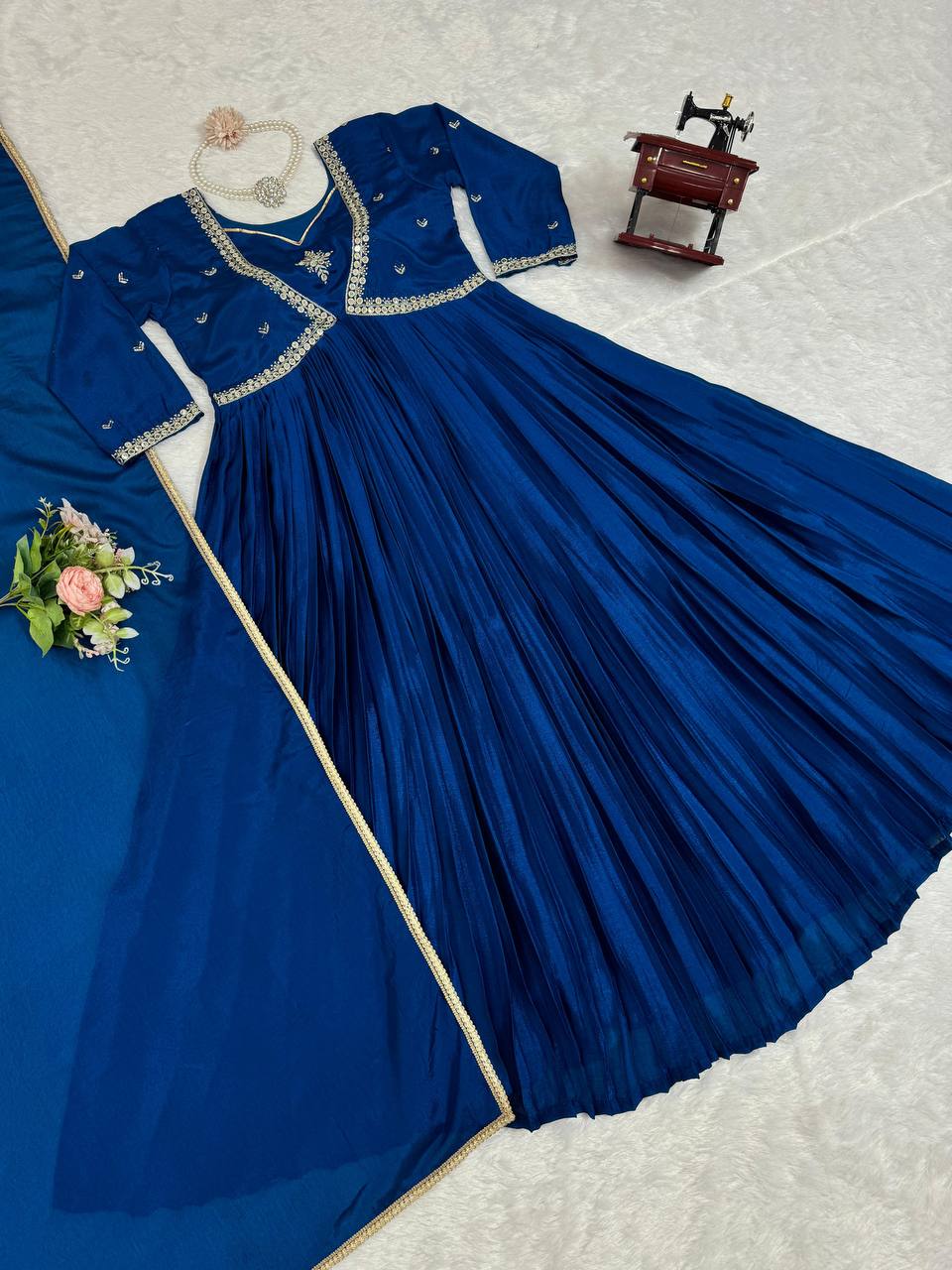 Attractive Chinon Silk Thread Work Ready to Wear Gown