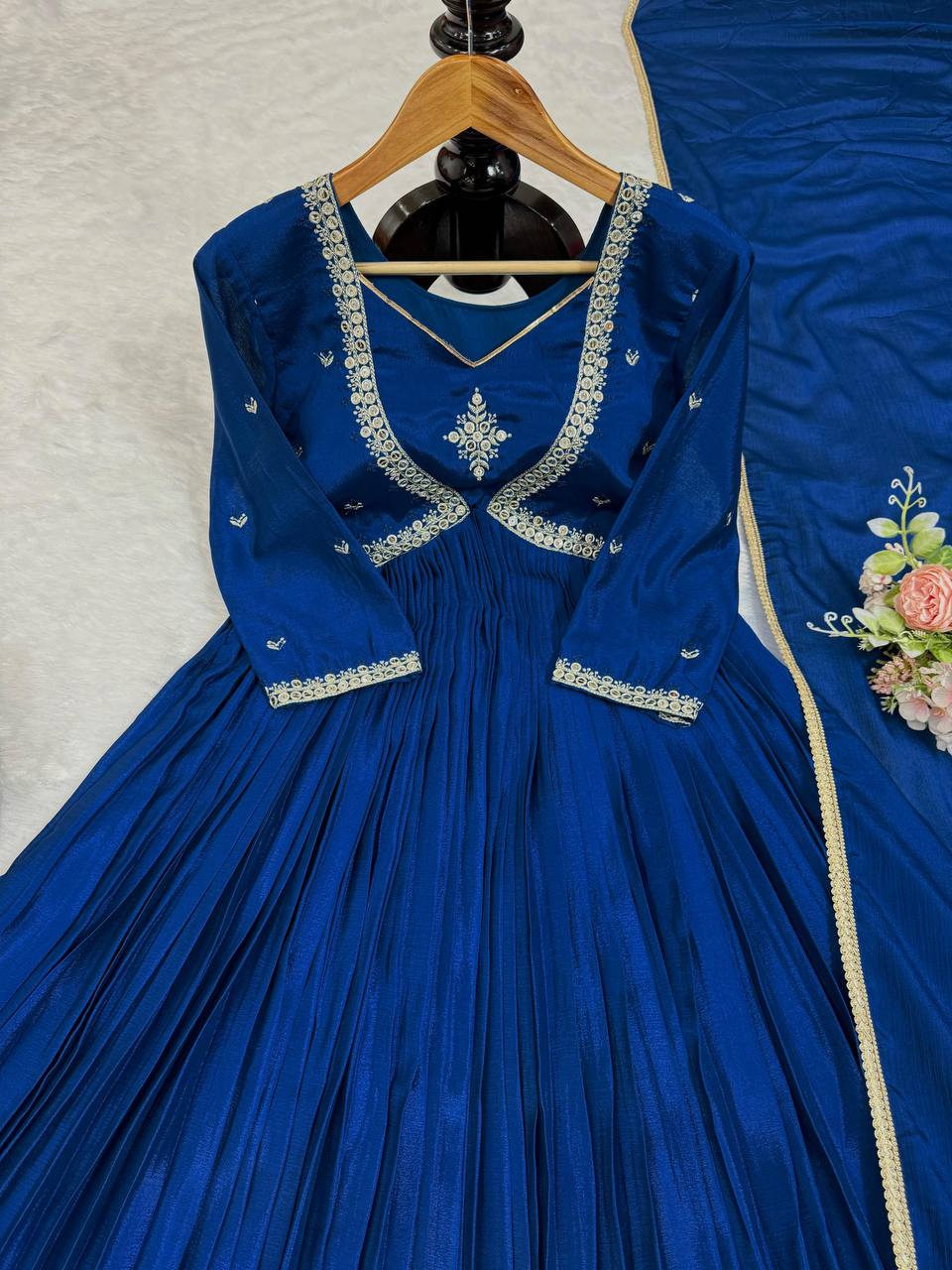 Attractive Chinon Silk Thread Work Ready to Wear Gown