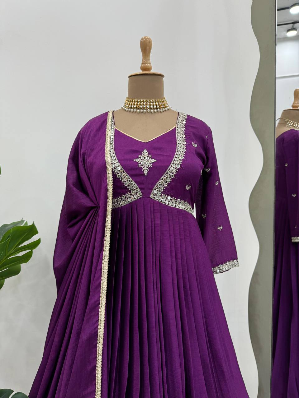 Attractive Chinon Silk Thread Work Ready to Wear Gown