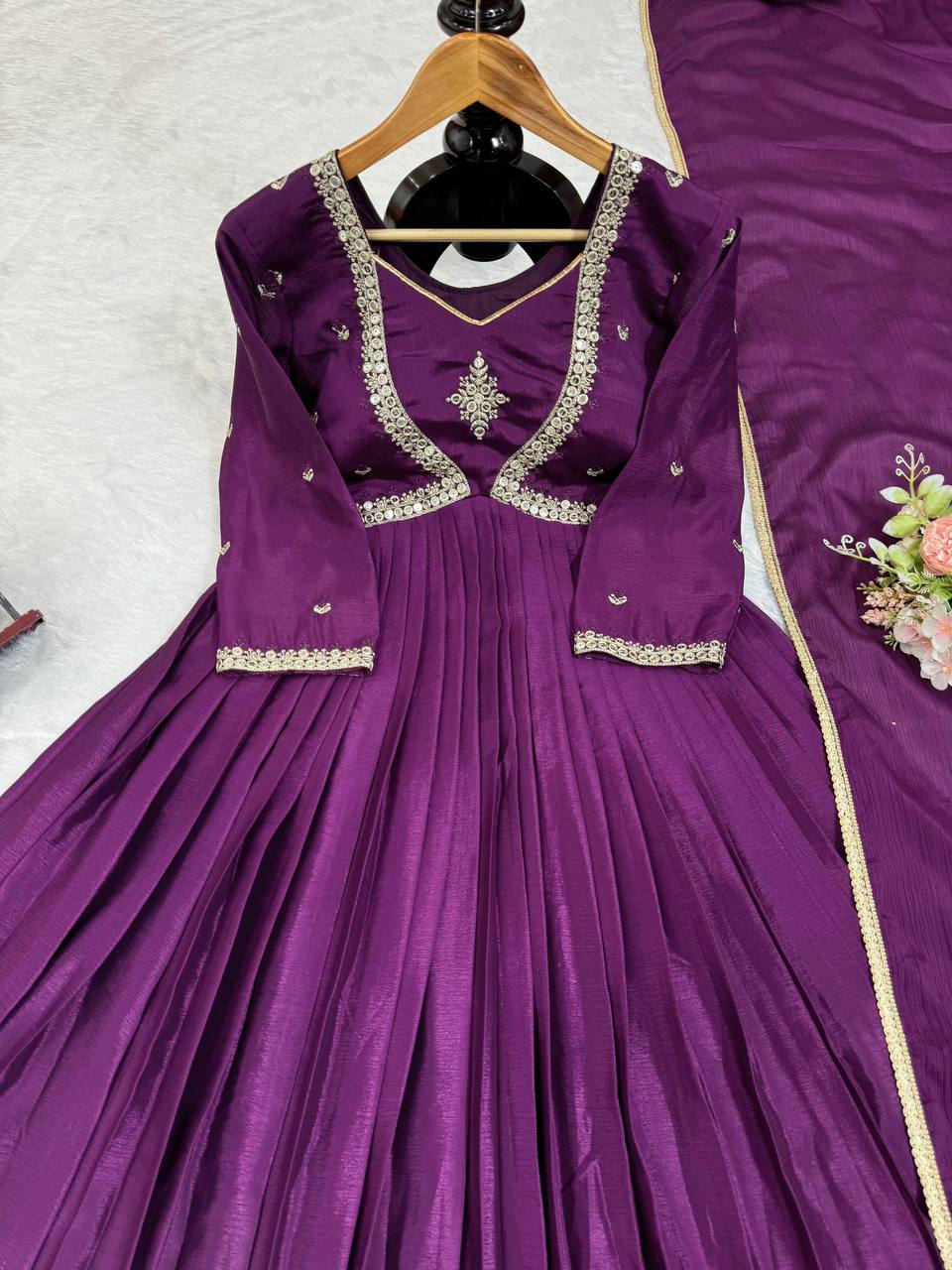 Attractive Chinon Silk Thread Work Ready to Wear Gown