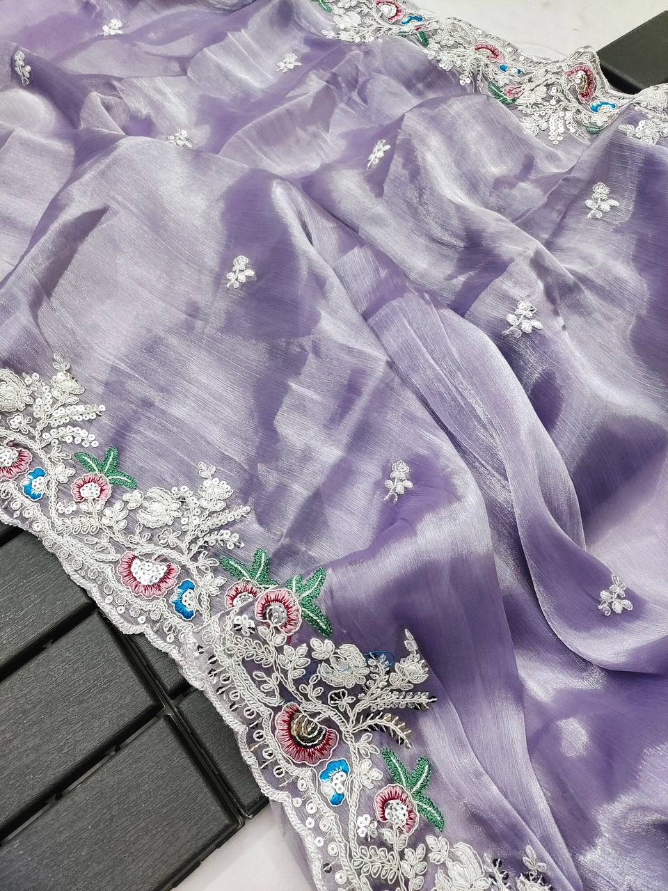 Party Wear Royal Blue Heavy Organza Silk Multi Thread Cut Work Saree Blouse For Function Wear